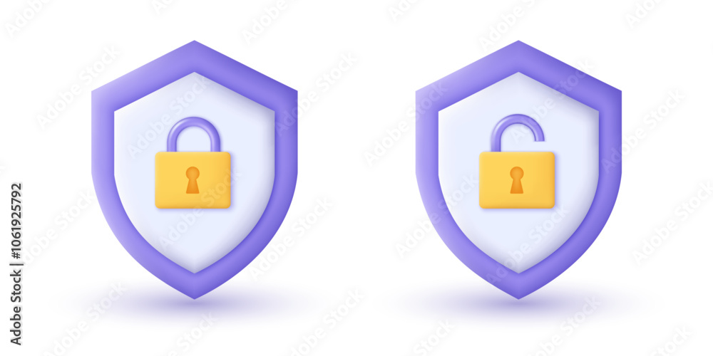 Aufkleber 3D Shield with padlock lock and unlock icon. Cyber security, data protection and privacy technology concept. 3D object on isolated vector render background.