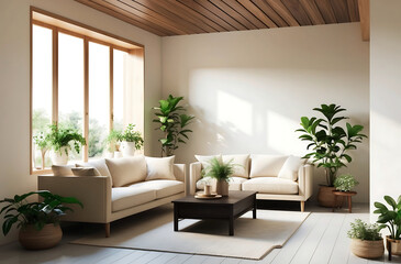 Fototapeta premium 3d interior of a Japandi style interior living room a design with simplicity, natural elements, and minimalism