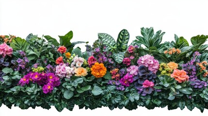 Fototapeta premium Lush flower bed with vibrant blossoms and green leaves isolated on white