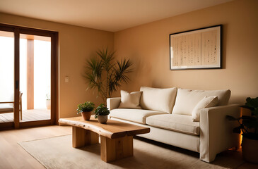 Fototapeta premium 3d interior of a Japandi style interior living room a design with simplicity, natural elements, and minimalism