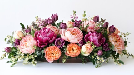 Lush flower garden filled with peonies, roses, and tulips on white background