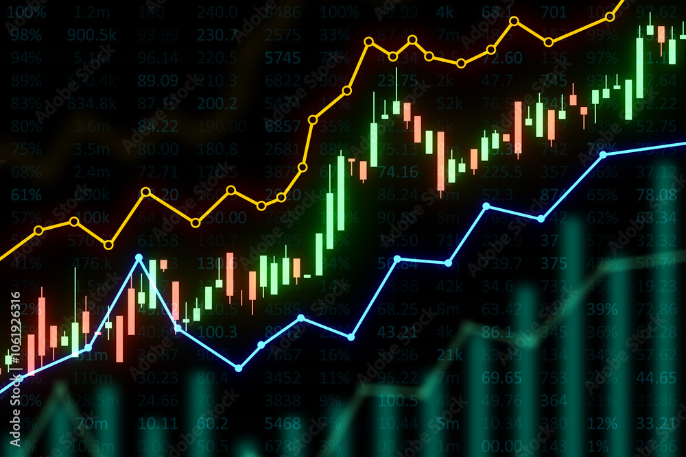 Poster Investing and trading concept with digital financial chart diagram, candlestick and graphs on dark technological background. 3D rendering