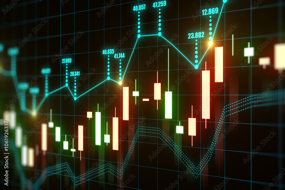 Aufkleber Forex market statistics, trading and analytics concept with perspective view on digital blue candlestick and stock market index data on abstract dark background. 3D rendering
