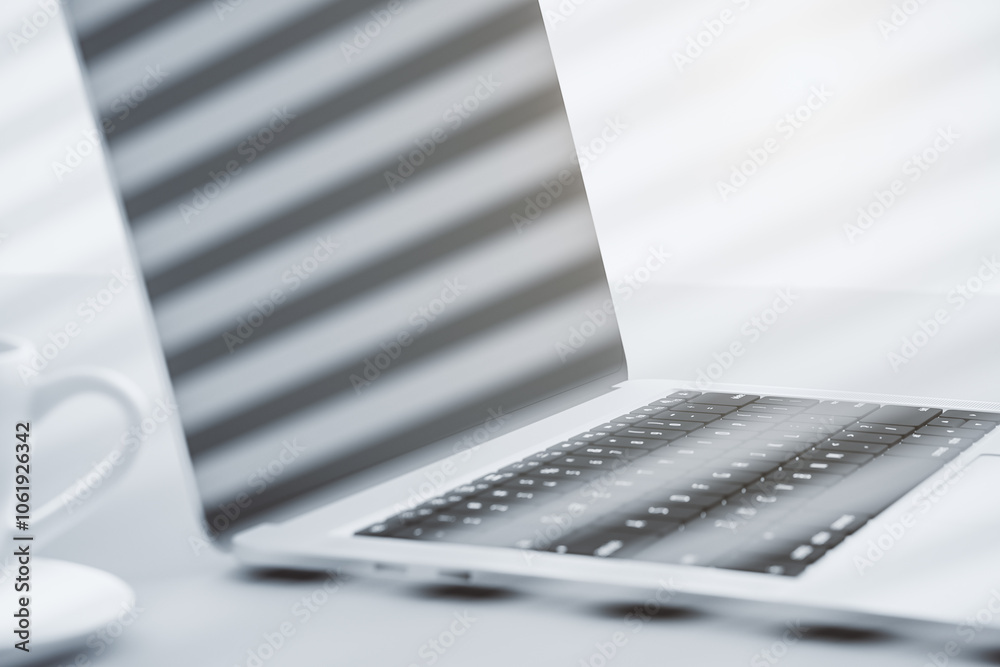 Aufkleber perspective view on modern laptop behind glass wall with abstract reflection. 3d rendering