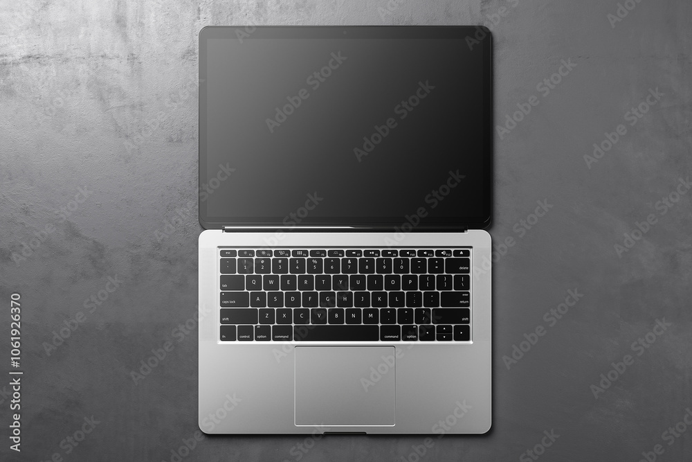 Poster Top view on fully open modern laptop blank black screen with copyspace for your logo or text isolated on dark grey concrete background. 3D rendering, mockup