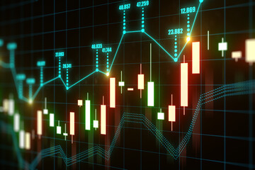 Forex market statistics, trading and analytics concept with perspective view on digital blue candlestick and stock market index data on abstract dark background. 3D rendering