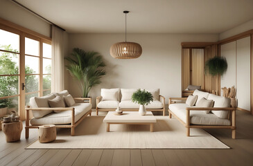 Fototapeta premium 3d interior of a Japandi style interior living room a design with simplicity, natural elements, and minimalism
