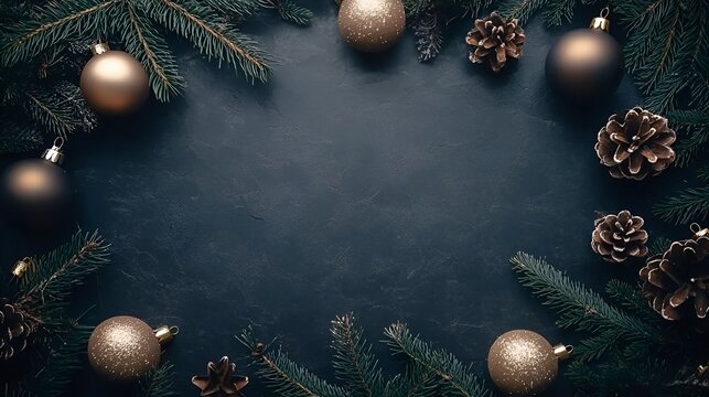  a festive arrangement with a dark background. Around the edges, there are green pine branches, gold-colored Christmas ornaments, and pine cones. The decorations are evenly distributed, creating a bor