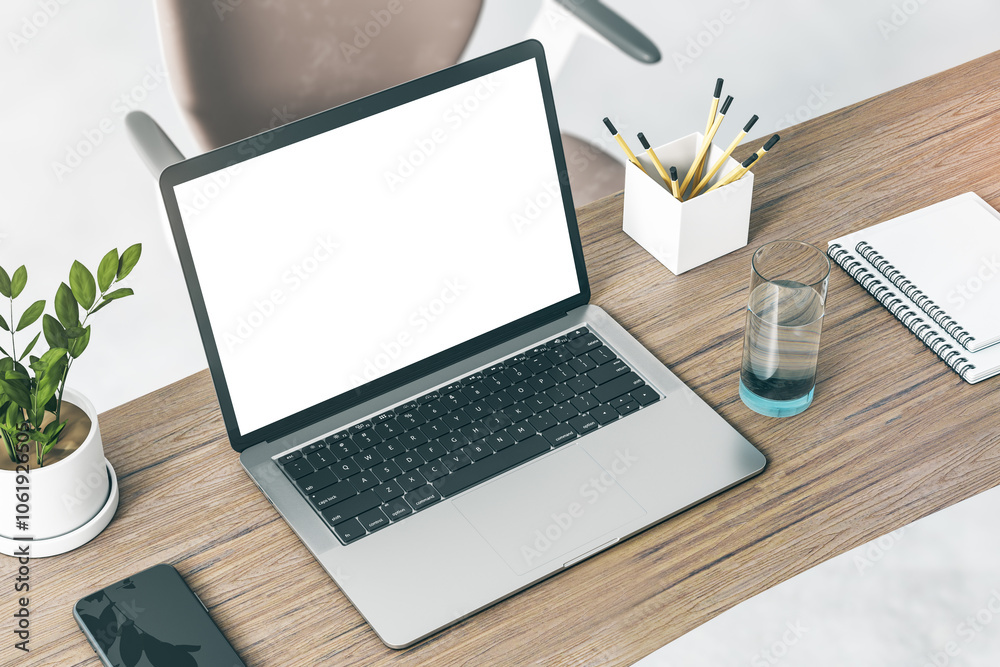 Poster view from top on modern laptop with blank white screen with blank place on wooden table with smartph