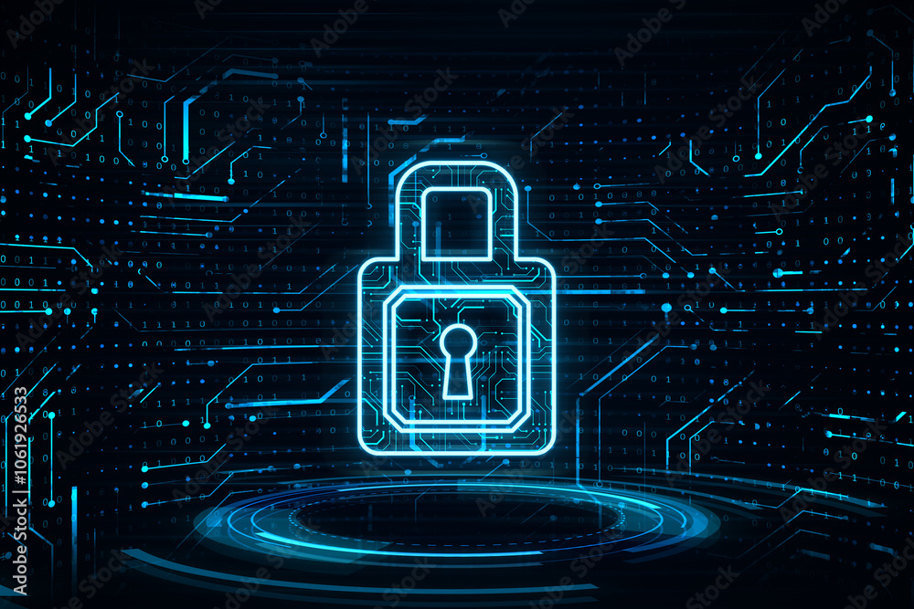 Aufkleber High speed security technology and data protection concept with digital closed padlock symbol hovering over virtual button on dark micro circuit background. 3D rendering