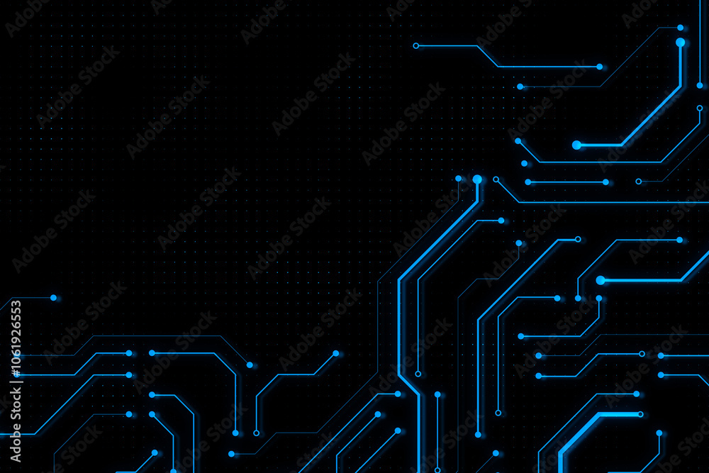Poster Abstract dark empty background with digital blue microchip circuit and space for advertising banner or text. 3D rendering, mockup