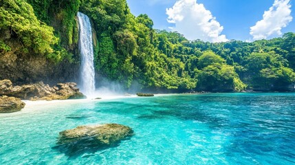 Serene Jungle Waterfall Surrounded by Turquoise Water