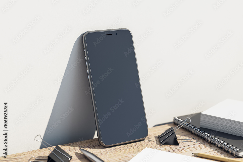 Poster perspective view on modern smartphone blank black screen with copyspace for your text or logo on woo