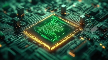 Fototapeta premium Microscopic View of a Complex Electronic Chip with Gold Pins and Green Circuit Pattern.