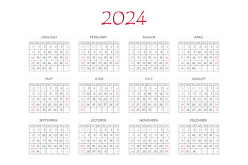 2024 calendar planner. Corporate week. Template layout, 12 months yearly, white background. Simple design for business brochure, flyer, print media, advertisement. Week starts from Monday