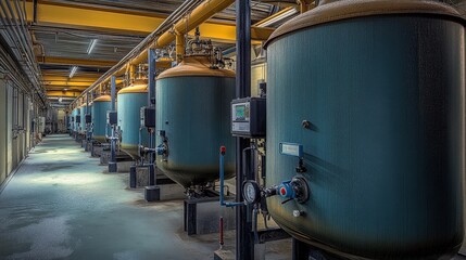 Fototapeta premium Industrial Facility with Blue Processing Tanks and Exposed Ductwork.