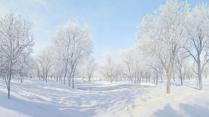 Obraz premium Winter Wonderland: Panoramic Urban Park Covered in Snow with Frozen Ponds and Bare Trees | Tranquil Snowy Landscape Scene