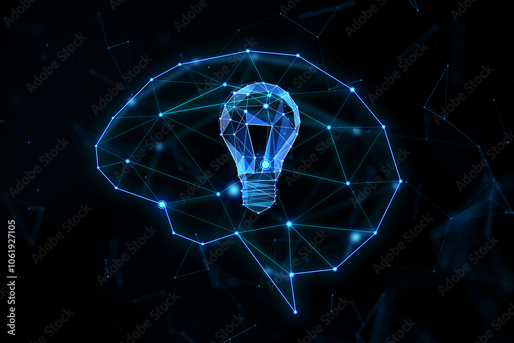 Poster creative thinking and ideas concept with digital blue light bulb in figure in form of human brain on
