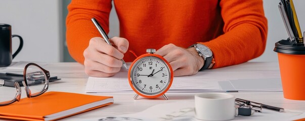 A person writing notes with a clock on the desk