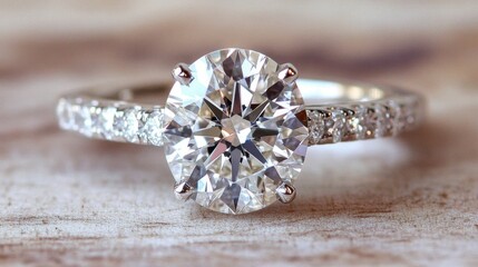 Fototapeta premium Elegant Diamond Ring on Wooden Background