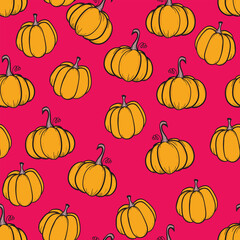 Seamless pattern with pumpkins on color background. Vector hand drawn sketched pumpkin. Autumn illustration for holidays, Halloween. Various food items in doodle style