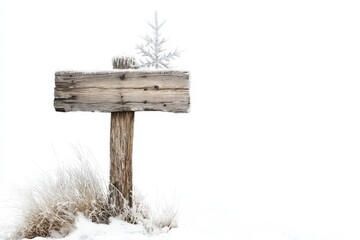 Naklejka premium Snowy winter landscape with wooden signpost and small evergreen tree