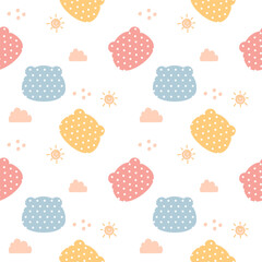 Face bear pastel color in the sky.cartoon so cute. On sun cloud and white background. Pattern seamless vector illustration.
