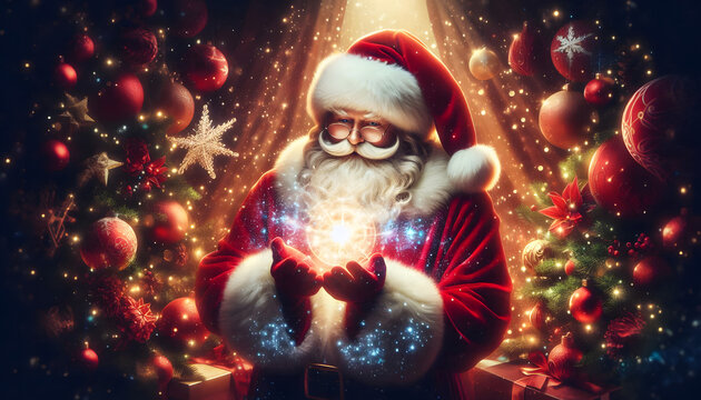Santa with a glowing gift in his hands, set against a backdrop of festive Christmas trees and lights