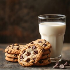 Freshly Baked Chocolate Chip Cookies with a Glass of Milk on a Rustic Wooden Table
