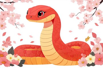 Obraz premium Cute cartoon snake surrounded by cherry blossoms in floral setting