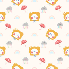 Bear white happy rain cartoon so cute. On cloud rainbow umbrella background. Pattern seamless vector illustration.