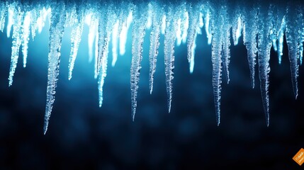 A mesmerizing display of icicles hanging from a surface, illuminated with blue light, creating a sparkling, ethereal effect.