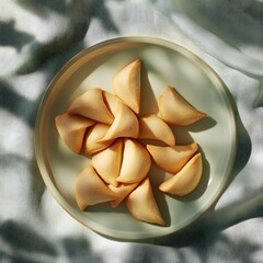 Golden Fortune Cookies Nestled in a Serene Glass Bowl on a Snowy Background