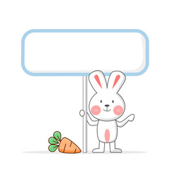Rabbit holding a sign or banner. Cartoon so cute. On carrot and white background. Vector illustration.