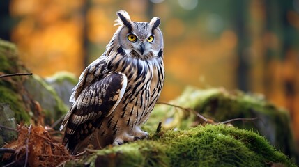 Obraz premium Portrait of a Eurasian eagle-owl sitting gracefully on the mossy forest floor.