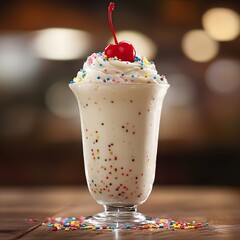 Indulgent Cherry Milkshake Topped with Whipped Cream and Colorful Sprinkles in a Glass