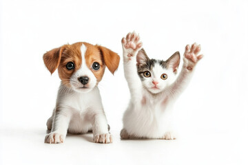 Obraz premium A playful puppy rests alongside a cute kitten, both displaying their unique personalities