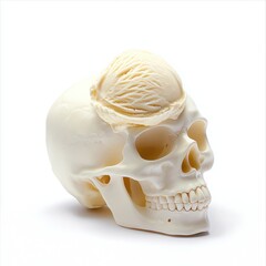 Fototapeta premium A realistic model of a human skull showcasing intricate details, including a portion of the brain, ideal for educational and anatomical studies.