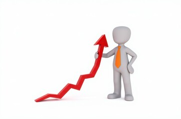 3d man red arrow success chart on white background.