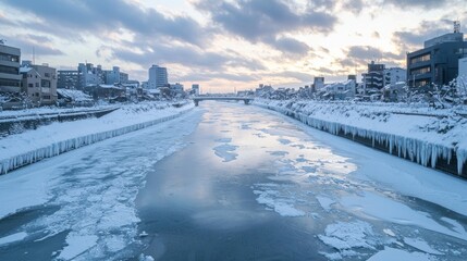 Obraz premium Serene Winter Cityscape: Snow-Covered Rooftops, Frozen Rivers, and Icicles under Soft Cloudy Sky