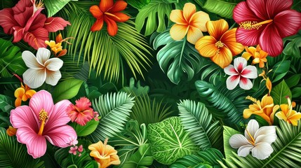 A vibrant tropical floral arrangement featuring various colorful flowers and lush green leaves.