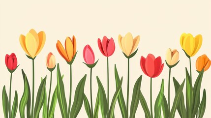 A colorful illustration of various tulips in bloom against a soft background, showcasing vibrant petals and lush green stems.