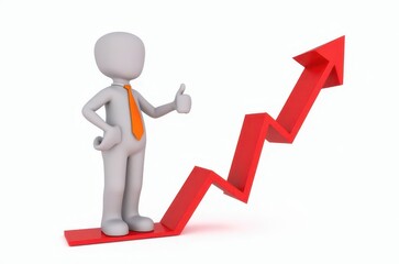 3d man red arrow success chart on white background.