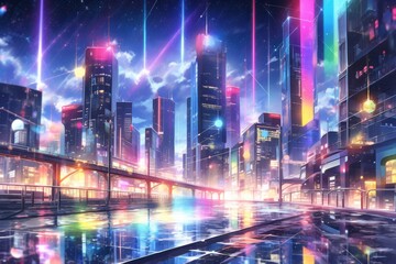 Obraz premium Nighttime city traffic with a view of skyscrapers and lights in a busy downtown area