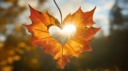 Obraz premium Autumn leaf in heart shape, symbolizing love of nature and fall season with bright orange, red, and yellow foliage natural colorful leaves from tree beautiful seasonal decoration in outdoor enviroment