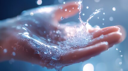 Fototapeta premium Detailed Hand Washing and Soap Dispensing Close-Up with Flowing Water and Bubbles for Enhanced Hygiene in a Bright Bathroom Setting