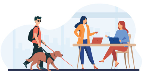 Blind disability person with service dogs permitted at office workplace, guide dog moving with visual disable and blind person visually disabled employee. Service dog navigating the office.