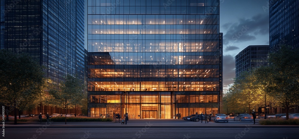 Poster Modern glass skyscraper with illuminated windows and entrance at dusk.