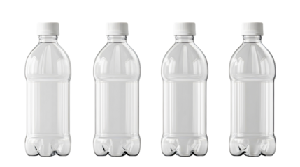 Empty plastic bottles' mockup in isolated water container product packaging set with clean clear bottle, white object cap for liquid drink, transparent background, beverage design template, freshness