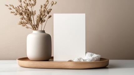 Simple and elegant composition featuring a blank card, a vase with dried flowers, and a wooden tray on a light surface.
